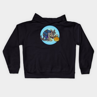 funny werewolf is holding a pumpkin lamp for Halloween Kids Hoodie